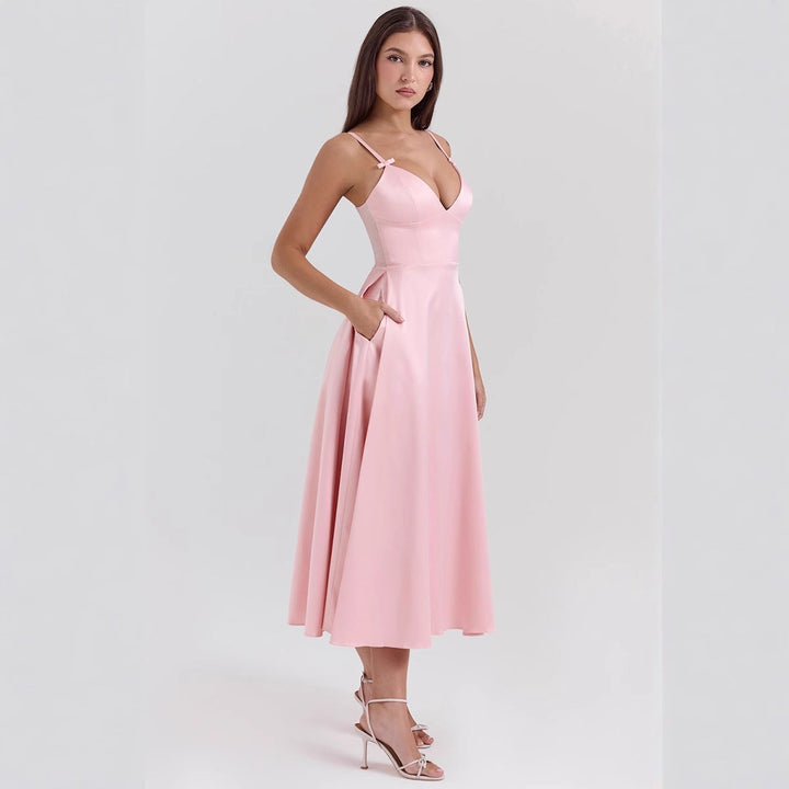 Women’s Dress – Fitted Bodice – Deep V-Neck – Spaghetti Straps – A-Line Midi Skirt