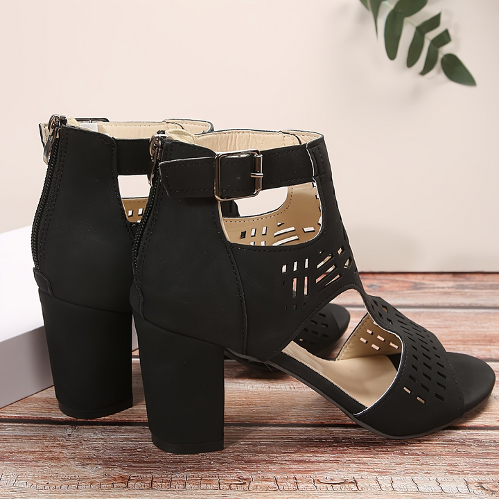 Women’s Block Heel Sandals – Laser Cut Design – Open Toe – Ankle Strap – Back Zipper