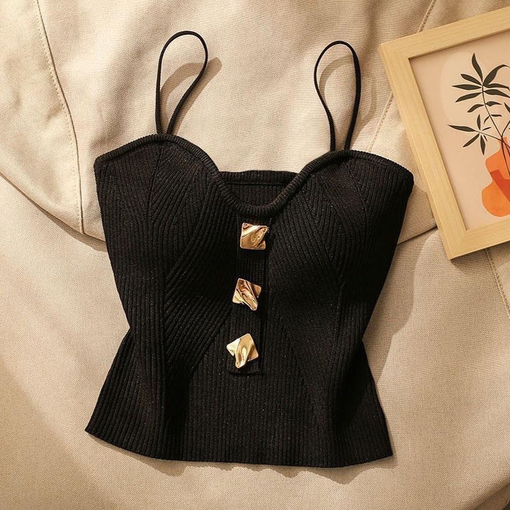 Women’s Knit Crop Camisole – Slim Fit – Ribbed Texture – Spaghetti Straps – Metal Accents