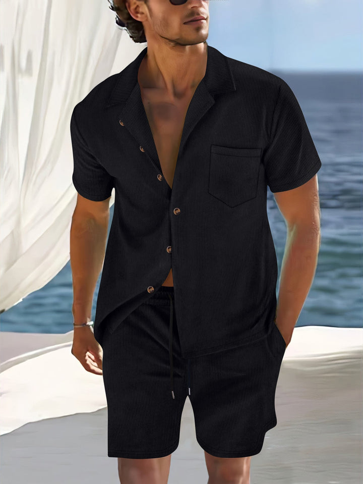 Men’s Short Sleeve Short Set – Relaxed Fit – Vertical Stripe – Lapel Collar – Button Front