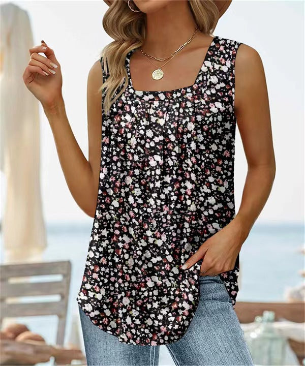Women’s Sleeveless Vest T-Shirt – Square Neck – Floral Print – Relaxed Fit – Breathable Blend