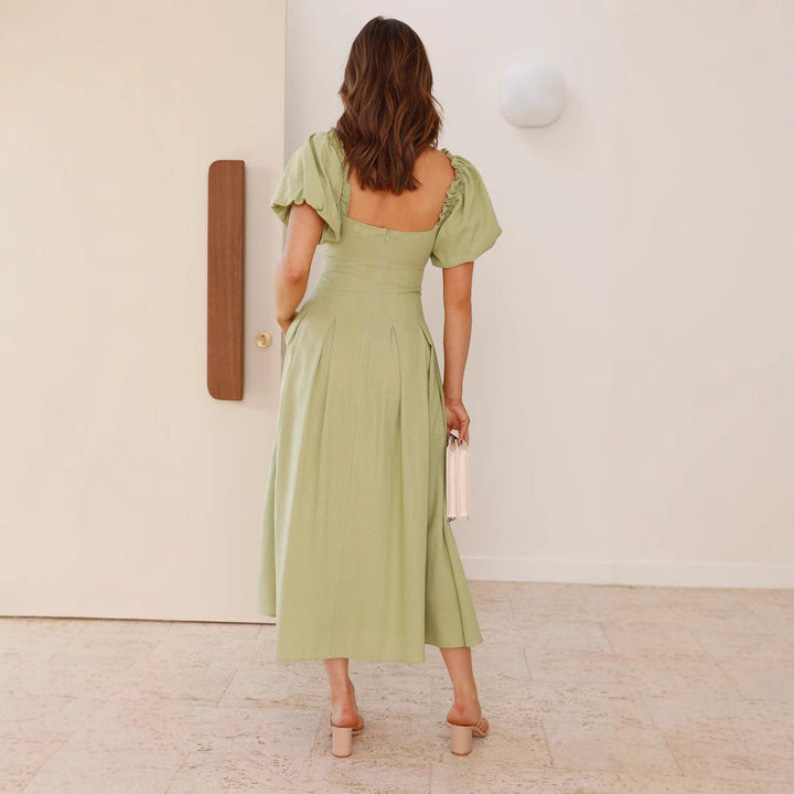 Women’s Midi Dress – Puff Sleeve – Sweetheart Neckline – Knot Front – Flattering Fit