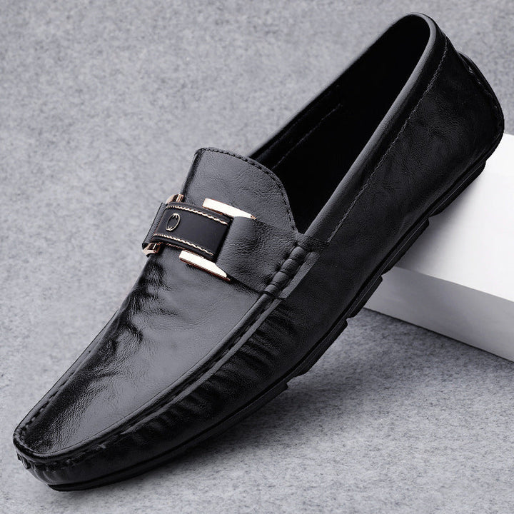 Men’s Leather Loafers - Slip-On Fit - Decorative Strap - Soft Sole Comfort
