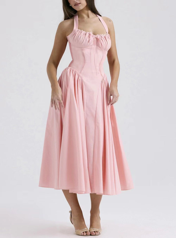 Women’s Halter Neck Dress – Satin Feel – Fitted Bodice – Gathered Bust – Midi A-Line Skirt