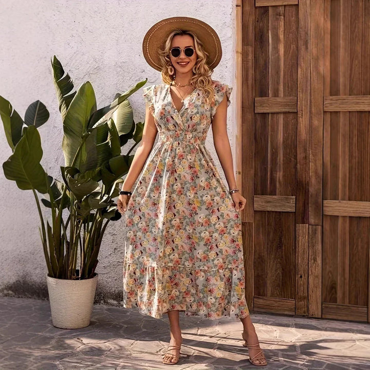 Women’s Maxi Dress – Cotton – Tiered Skirt – V-Neck – Flutter Sleeves