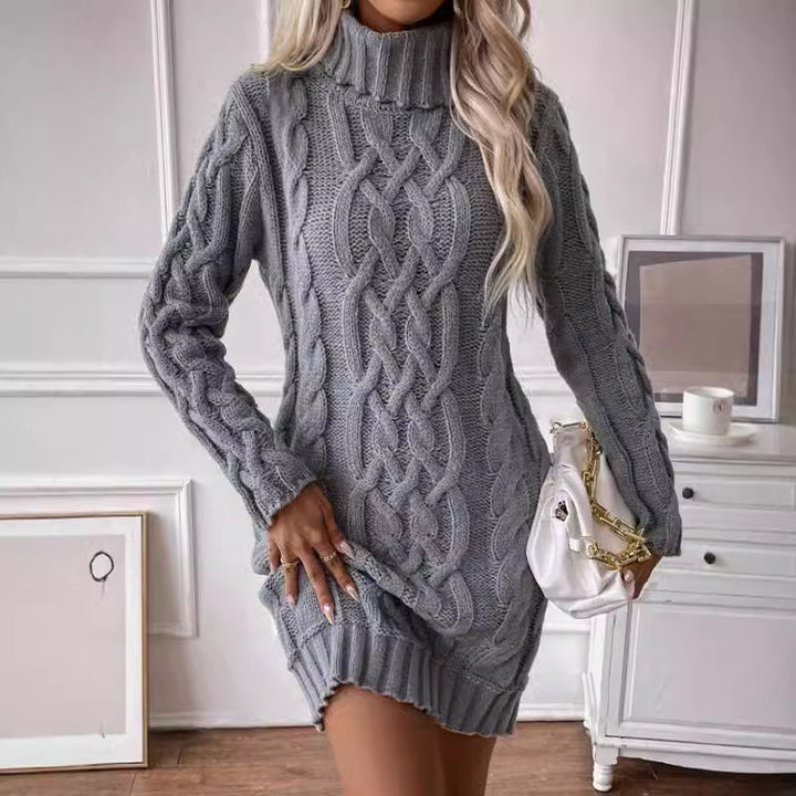 Women’s Sweater Dress – Cable Knit – Turtleneck – Slim Fit – Long Sleeve – Ribbed Hem