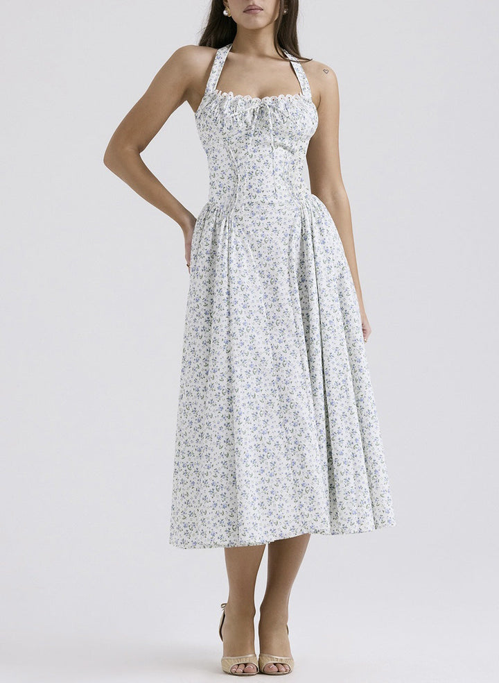 Women’s Halter Neck Dress – Satin Feel – Fitted Bodice – Gathered Bust – Midi A-Line Skirt