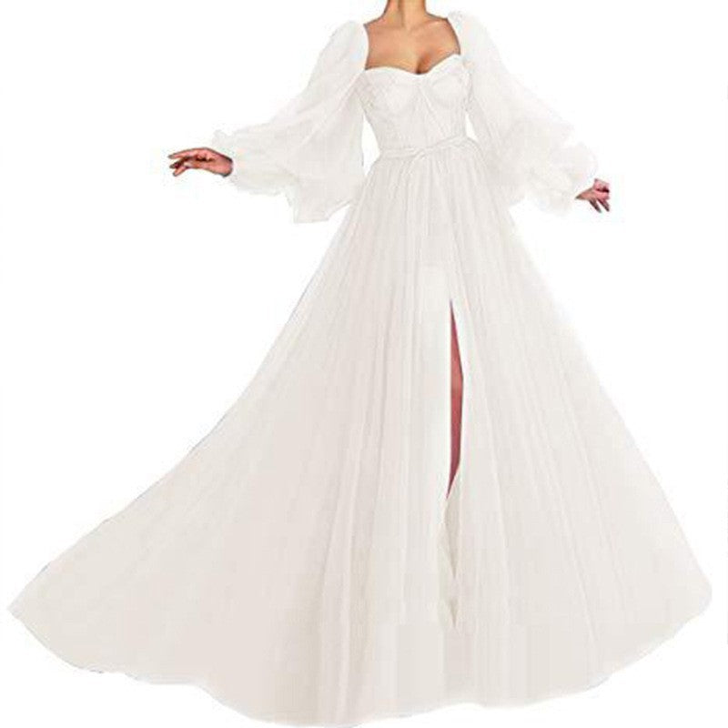 Women’s Evening Dress – Luxury Tulle – Sweetheart Neckline – Voluminous Sleeves – Side Slit
