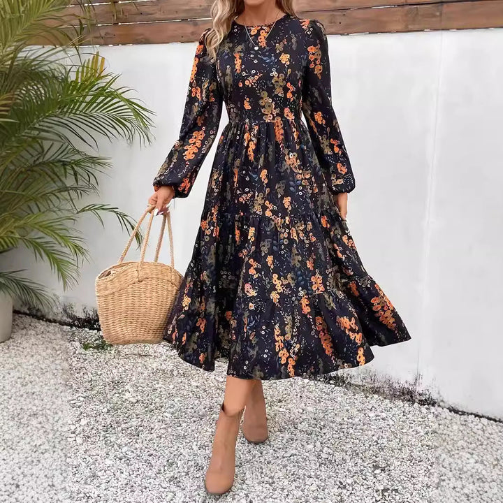Women’s Long Sleeve Dress – Relaxed Fit – Tiered Skirt – Breathable Blend – Midi Length