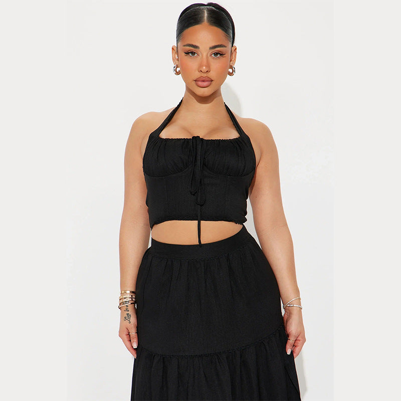 Women’s Two-Piece Set – Halter Crop Top – Tie Front – Tiered Maxi Skirt – Flowing Fit
