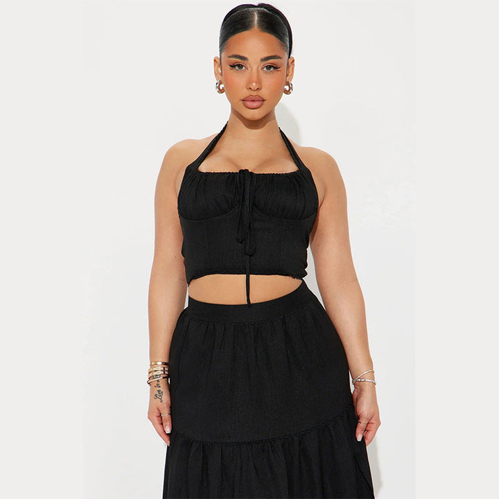 Women’s Two-Piece Set – Halter Crop Top – Tie Front – Tiered Maxi Skirt – Flowing Fit