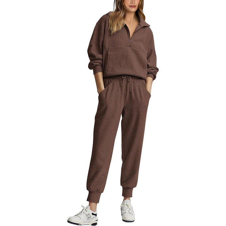 Women’s Tracksuit Set – Ribbed Fabric – Relaxed Fit – Half Zip Pullover – Drawstring Waist