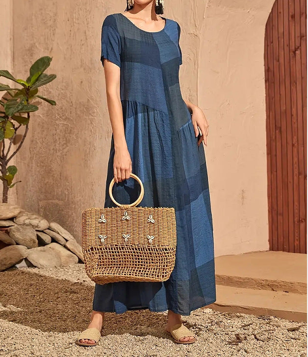Women’s Long Dress – Cotton – Loose Fit A-Line – Short Sleeve – Plaid Casual Style