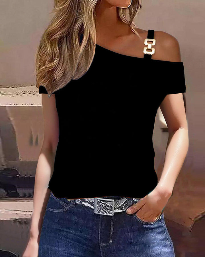 Women’s Short Sleeve Top – Relaxed Fit – Off Shoulder Strap – Script Print – Metal Button Accent