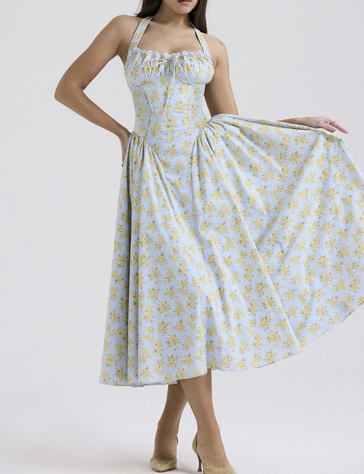 Women’s Halter Neck Dress – Satin Feel – Fitted Bodice – Gathered Bust – Midi A-Line Skirt