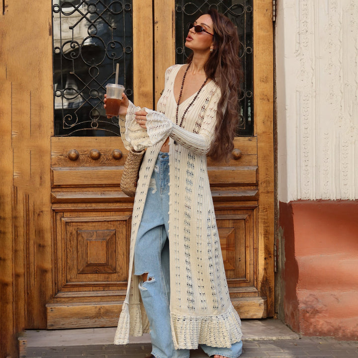 Women’s Long Cardigan - Lightweight Knit - Oversized Fit - Ruffle Hem - Flared Sleeves