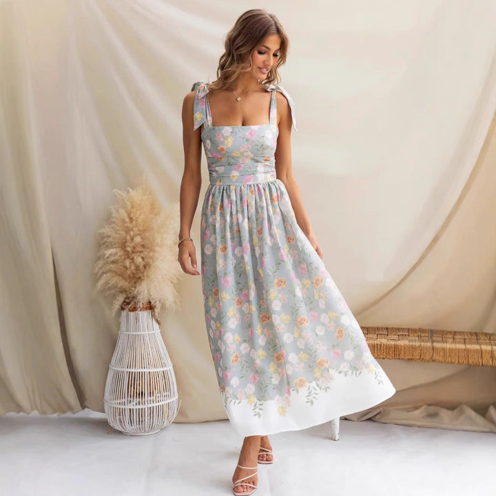 Women’s Maxi Dress – Square Neck – Tie Strap – Floral Print – Lightweight Fabric