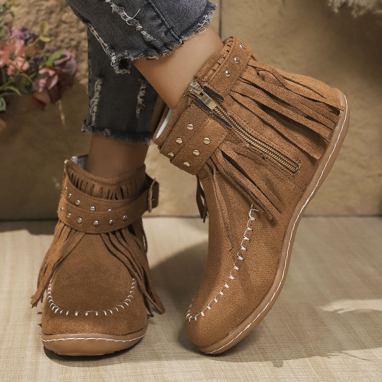 Women’s Short Boots - Suede Fringe - Metal Studded - Flat Sole - Side Zip Closure