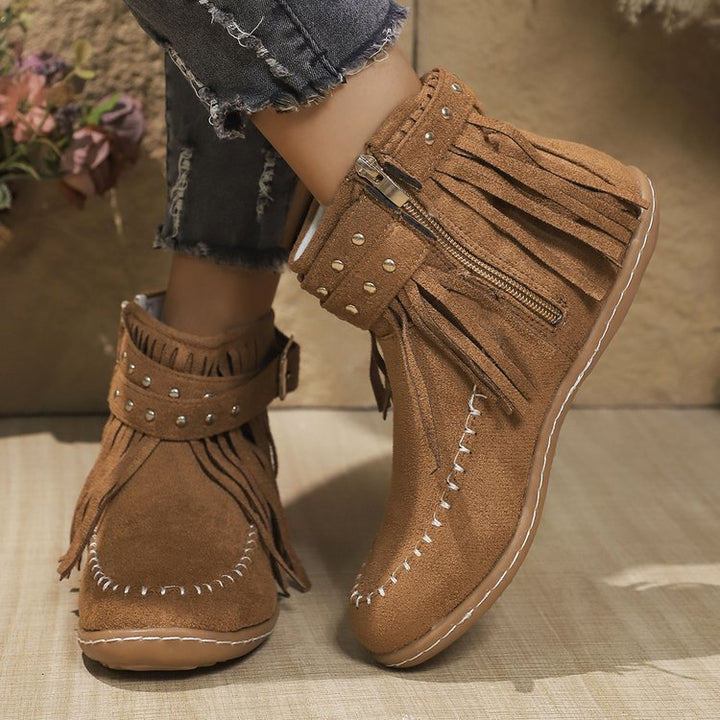 Women’s Short Boots - Suede Fringe - Metal Studded - Flat Sole - Side Zip Closure