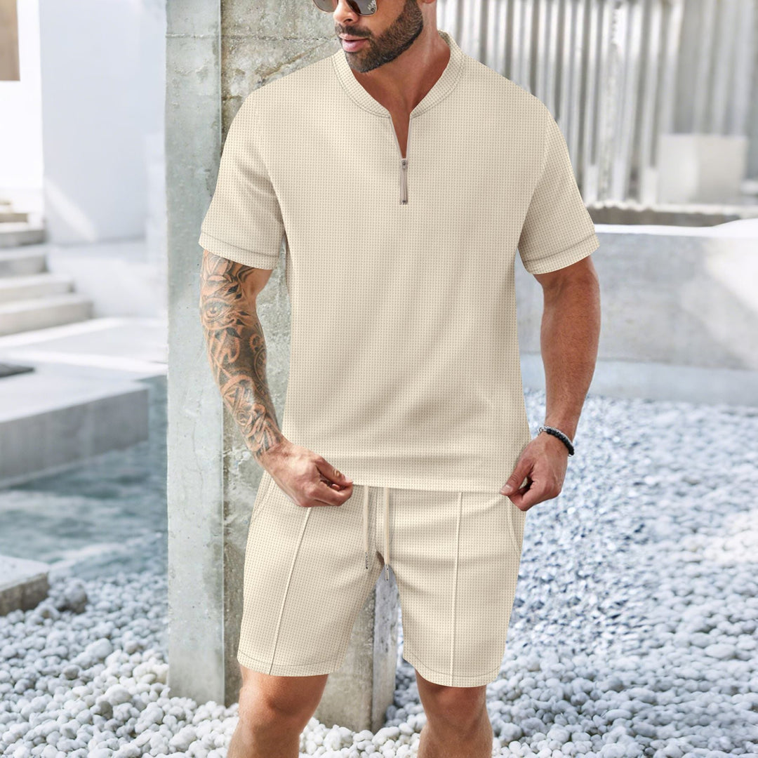 Men’s Sport Set – Relaxed Fit – Short Sleeve Zip Top – Drawstring Shorts