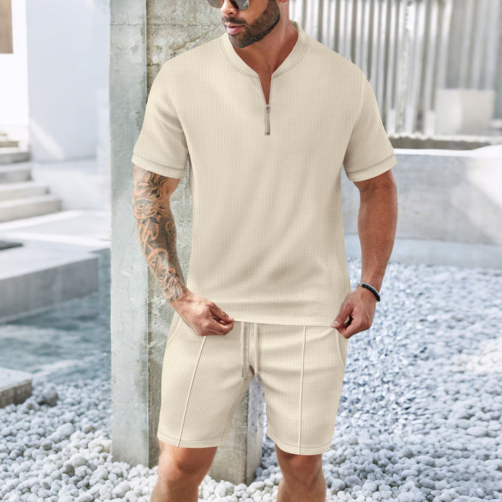Men’s Sport Set – Relaxed Fit – Short Sleeve Zip Top – Drawstring Shorts