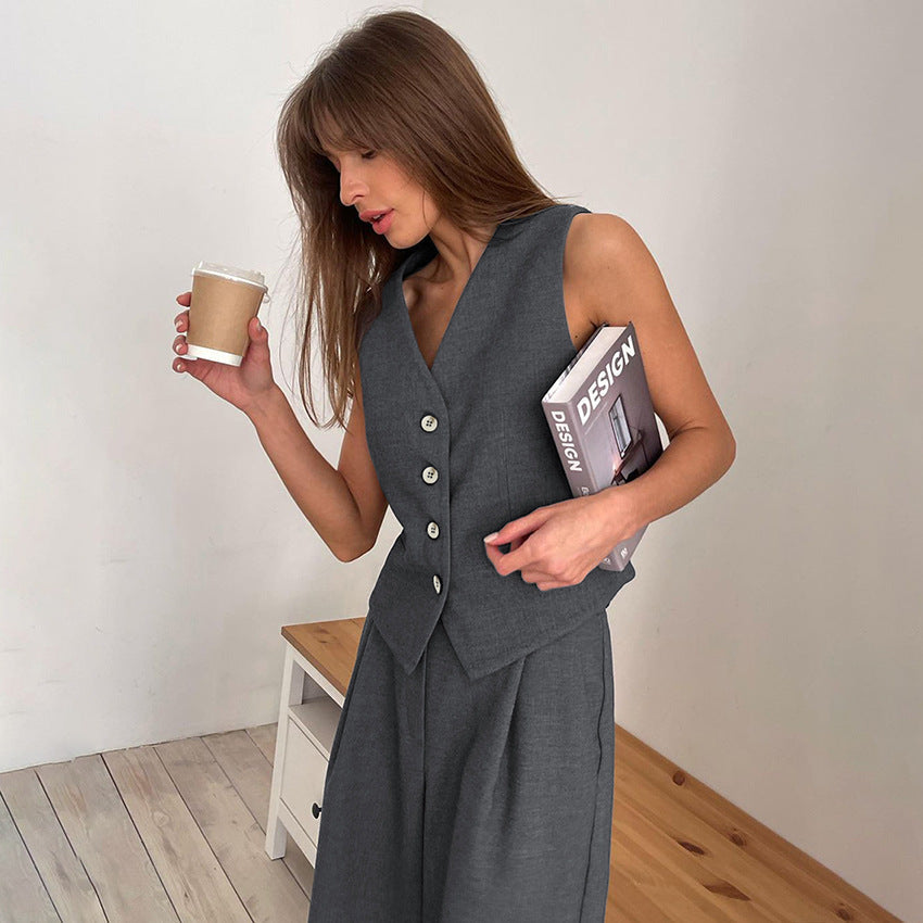Women’s Vest and Trousers Set – Tailored Fit – High Waist – Wide Leg – Belted Suit Style