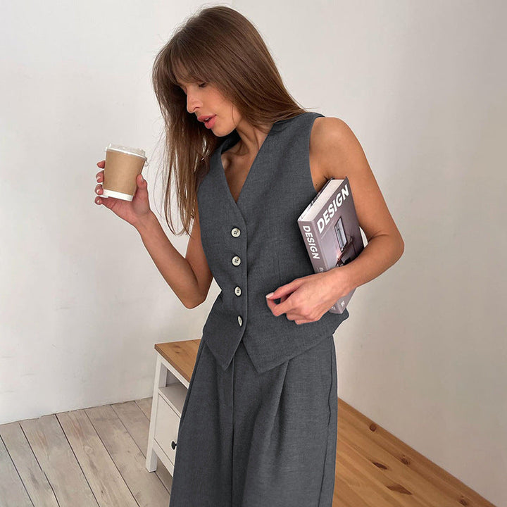 Women’s Vest and Trousers Set – Tailored Fit – High Waist – Wide Leg – Belted Suit Style