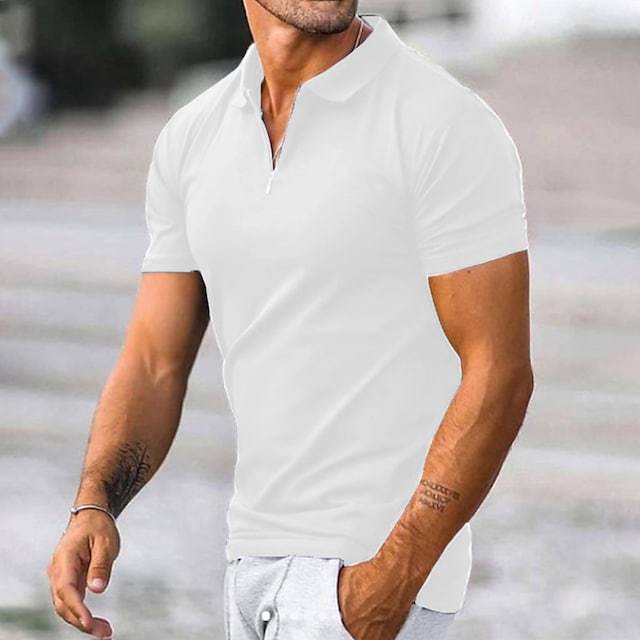 Men’s Polo Shirt - Slim Fit - Zipper Neckline - Short Sleeve Breathable Blend
