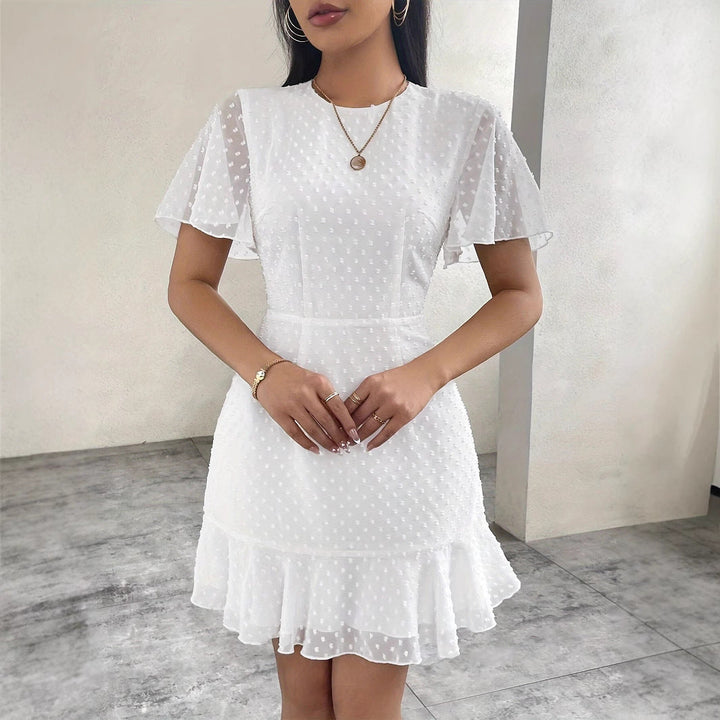 Women’s Dress - Fit and Flare - Flutter Sleeve - Textured Dot - Crew Neck - Ruffle Hem