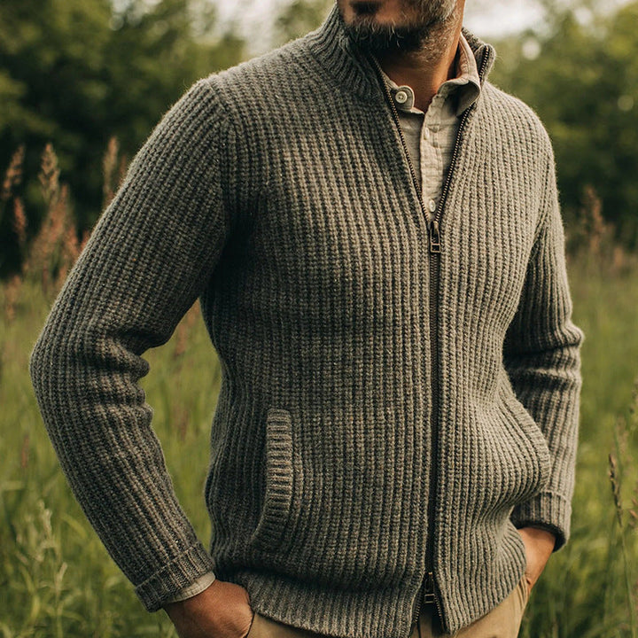 Men’s Zip-Up Cardigan Sweater - Regular Fit - Stand Collar with Pockets