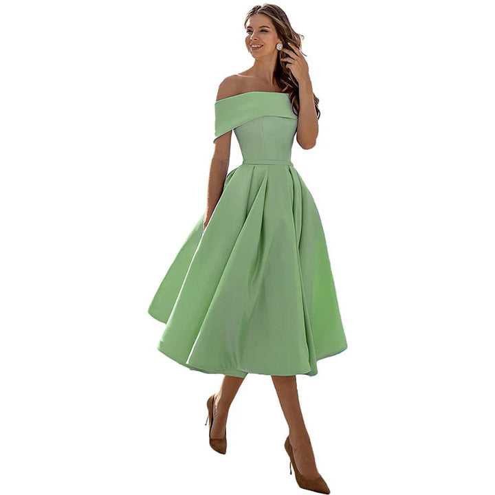 Women's Off-the-Shoulder Midi Dress - Fitted Bodice - Pleated Flared Skirt - Elegant Formal Wear