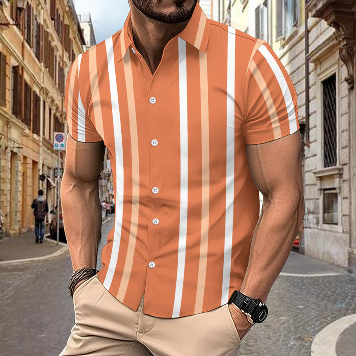 Men’s Short Sleeve Shirt - Slim Fit - Cotton - Vertical Stripe - Casual