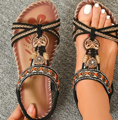 Women's Flat Sandals – Braided Strap – Rhinestone Embellished – Open Toe Casual Style