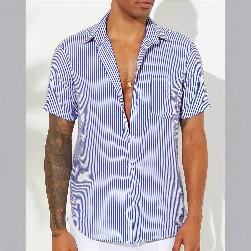 Men’s Button-Up Shirt – Relaxed Fit – Short Sleeve – Breathable Blend – Striped Casual Style