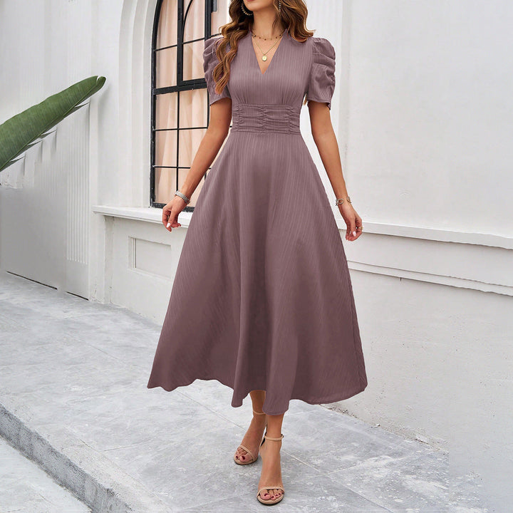 Women’s Midi Dress – V-Neck – Puff Sleeve – Fitted Waist – Flowy Elegant Fit