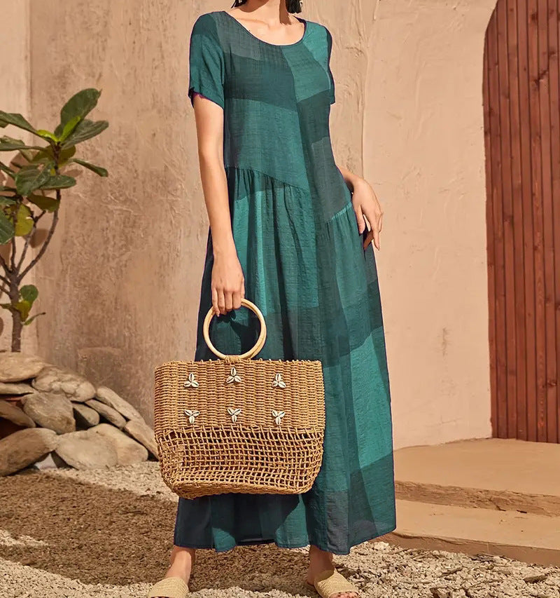 Women’s Long Dress – Cotton – Loose Fit A-Line – Short Sleeve – Plaid Casual Style