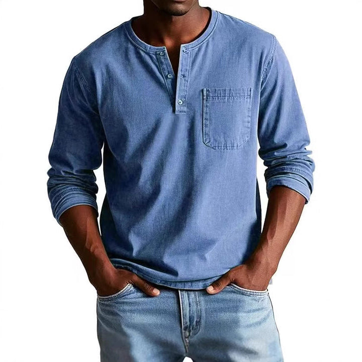 Men’s Long Sleeve T-Shirt – Slim Fit – Breathable Blend – Button Neck with Chest Pocket