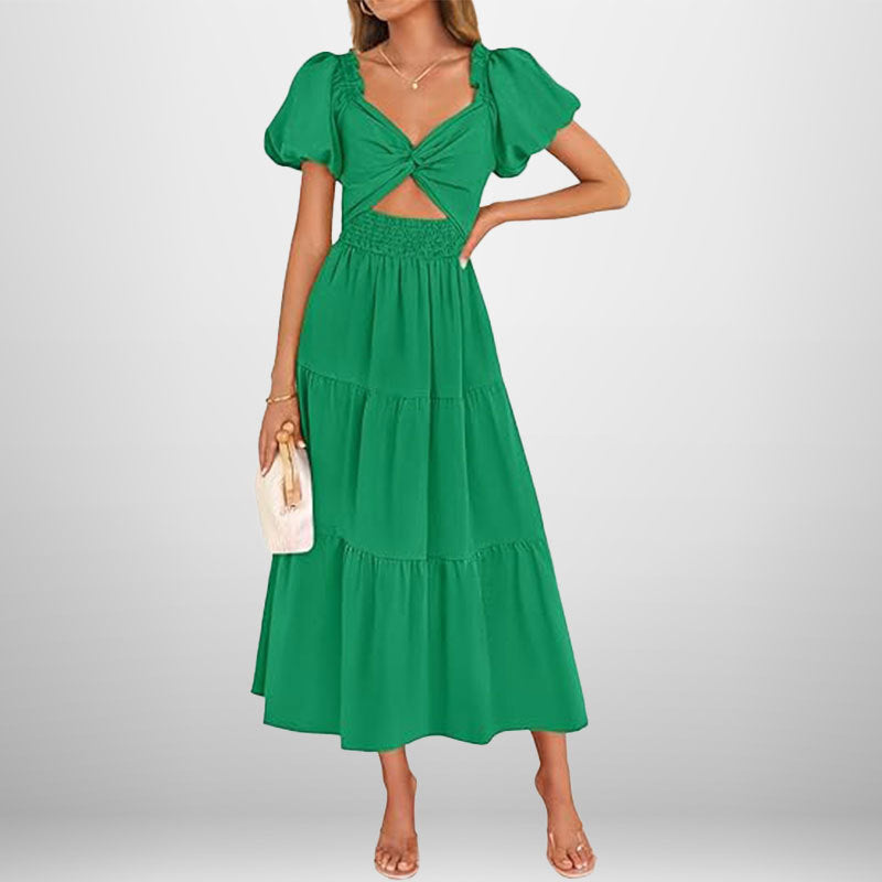 Women’s Midi Dress – Twisted Knot Bust – Puff Sleeve – Tiered Skirt – Shirred Waist