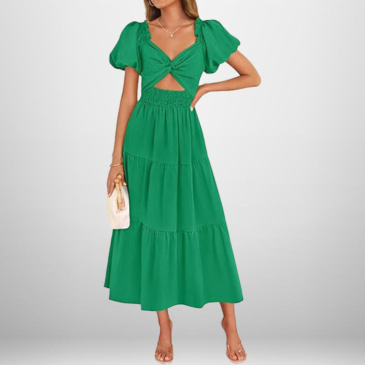 Women’s Midi Dress – Twisted Knot Bust – Puff Sleeve – Tiered Skirt – Shirred Waist