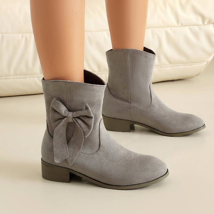 Women’s Ankle Boots – Suede Texture – Low Heel – Decorative Bow – Casual Comfort Fit