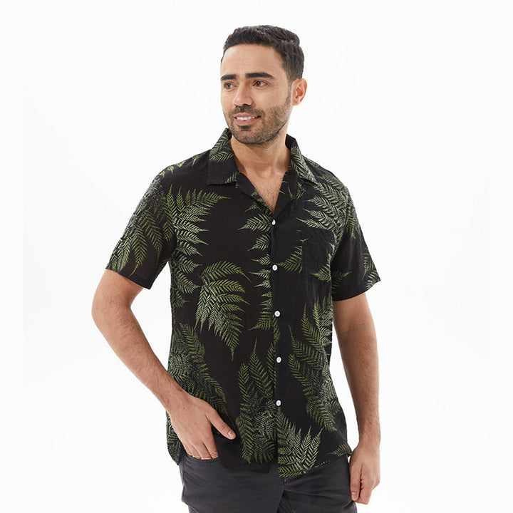 Men’s Short Sleeve Shirt - Relaxed Fit - Leaf Print - Cuban Collar - Lightweight Casual Wear
