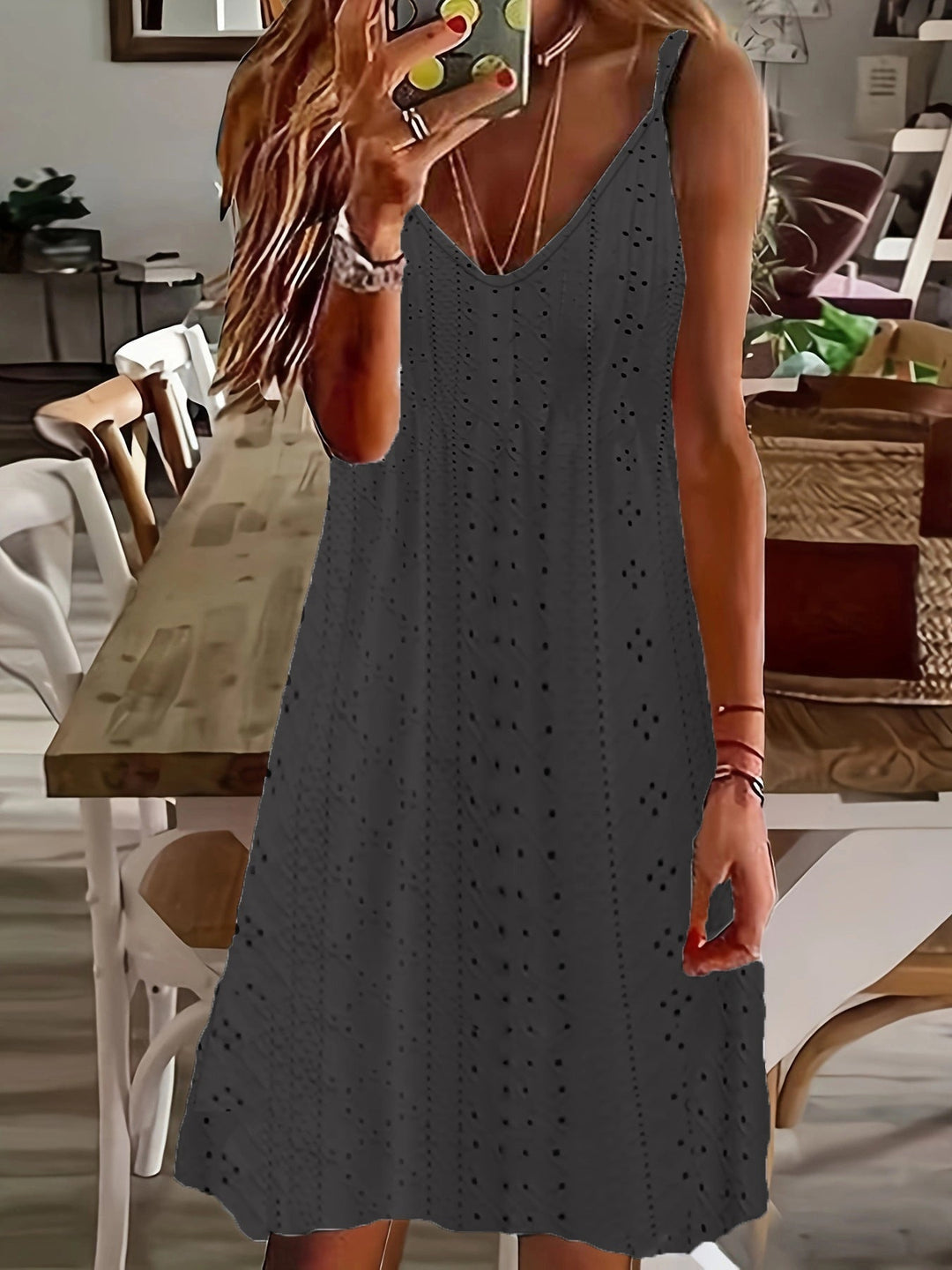 Women’s Slip Dress – Embroidered Detailing – V-Neck – Breathable – Midi Length