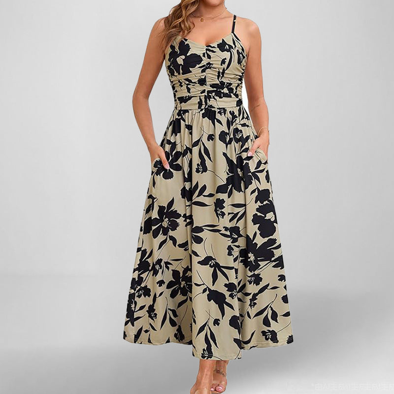 Women’s Maxi Dress – Ruched Bodice – Spaghetti Straps – Sleeveless A-Line – With Pockets