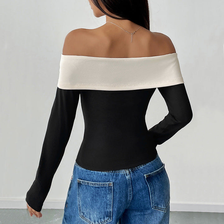 Women’s Crop Top – Slim Fit – Off-Shoulder – Long Sleeve Stretch – Bow Detail