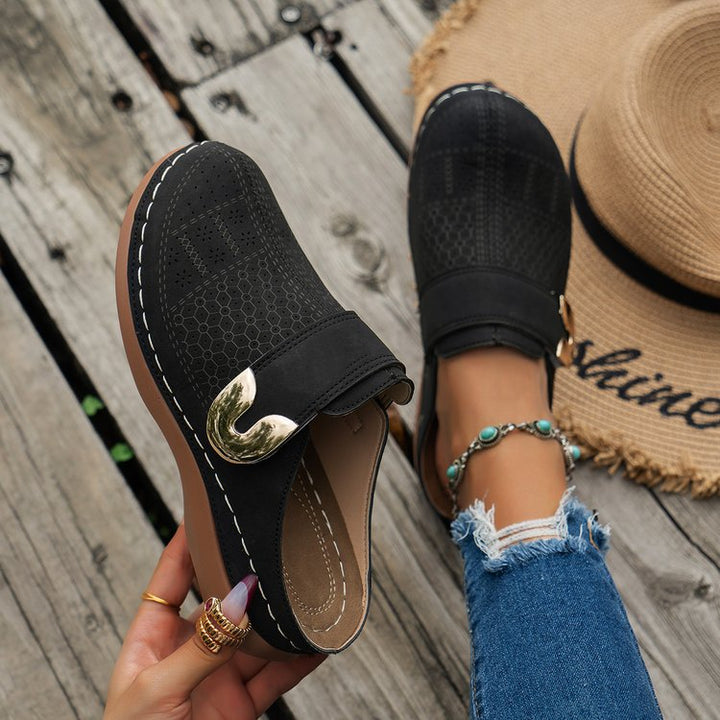 Women’s Mule Sandals – Slip-On Comfort – Perforated Upper – Decorative Buckle