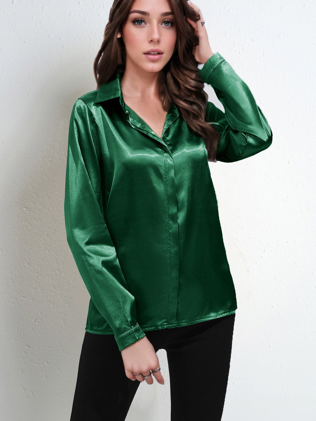 Women’s Blouse – Satin Fabric – Relaxed Fit – V-Neck – Long Sleeve – Button-Down