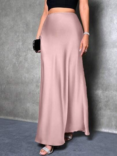 Women’s Maxi Skirt - Slim Fit - Flared Hem - Satin Finish - Minimal Elegant Style