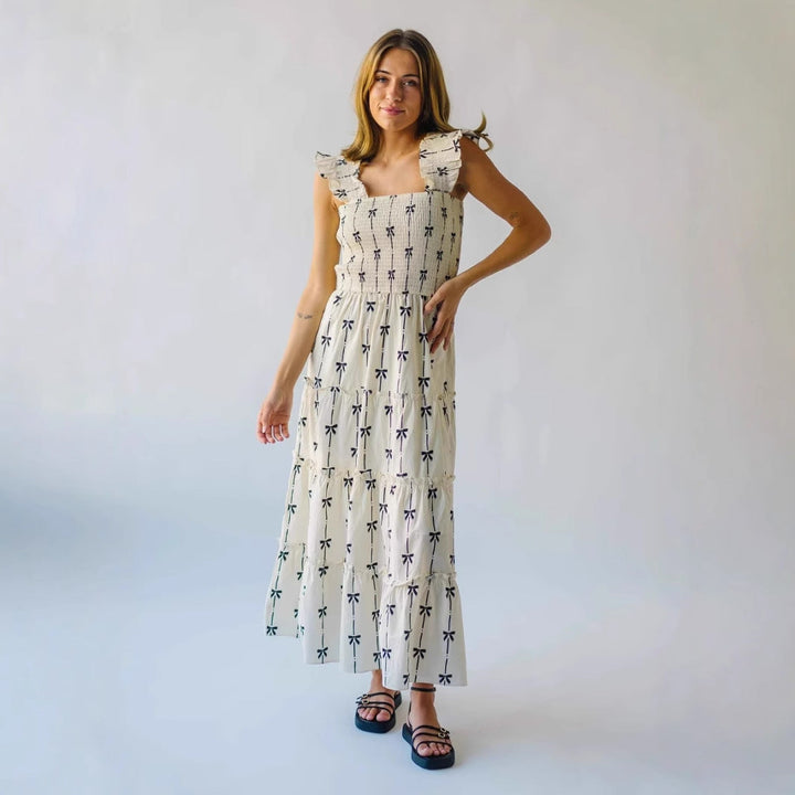 Women’s Maxi Dress – Smocked Bodice – Ruffle Straps – Lightweight Flowing Fabric – Bow Print