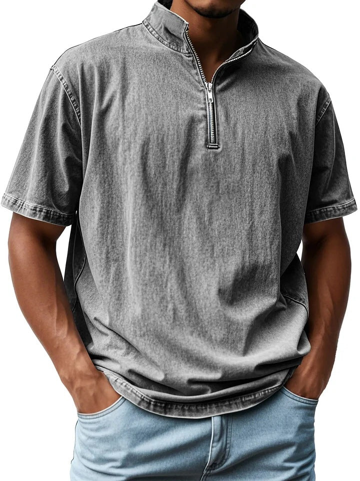 Men’s Short Sleeve Shirt - Fitted Retro Style - Zip Front - Stand Collar - Breathable Blend