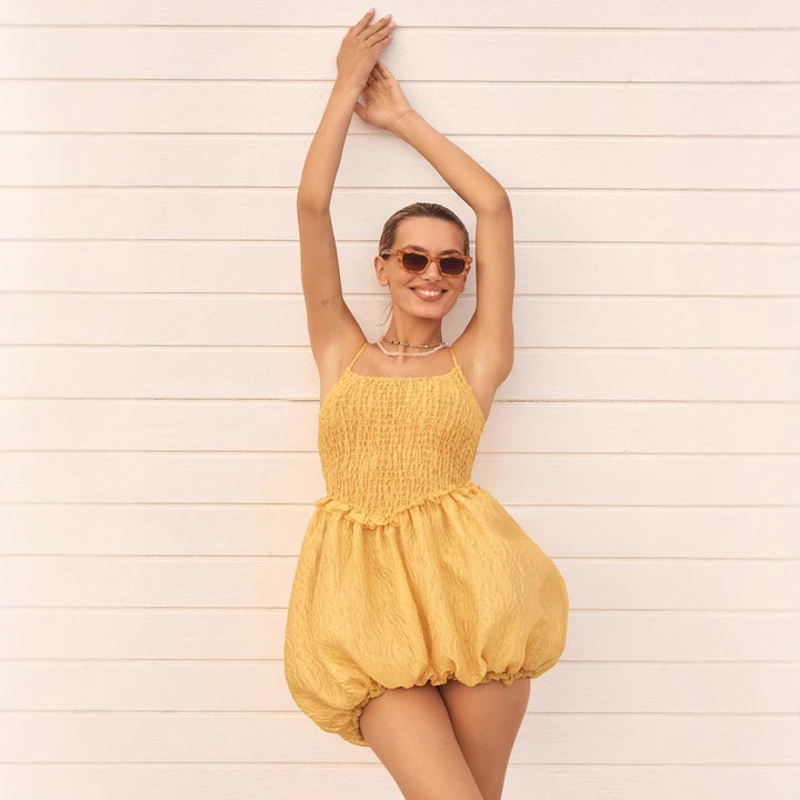 Women’s Balloon Mini Dress - Shirred Bodice - Spaghetti Straps - Textured Lightweight Fabric
